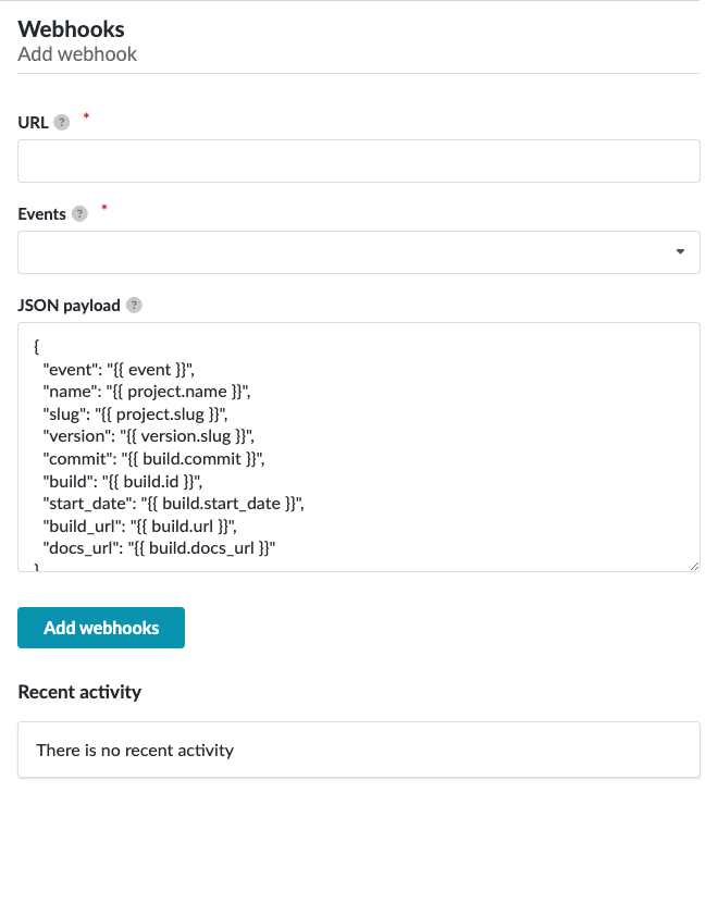 Form for creating a new webhook