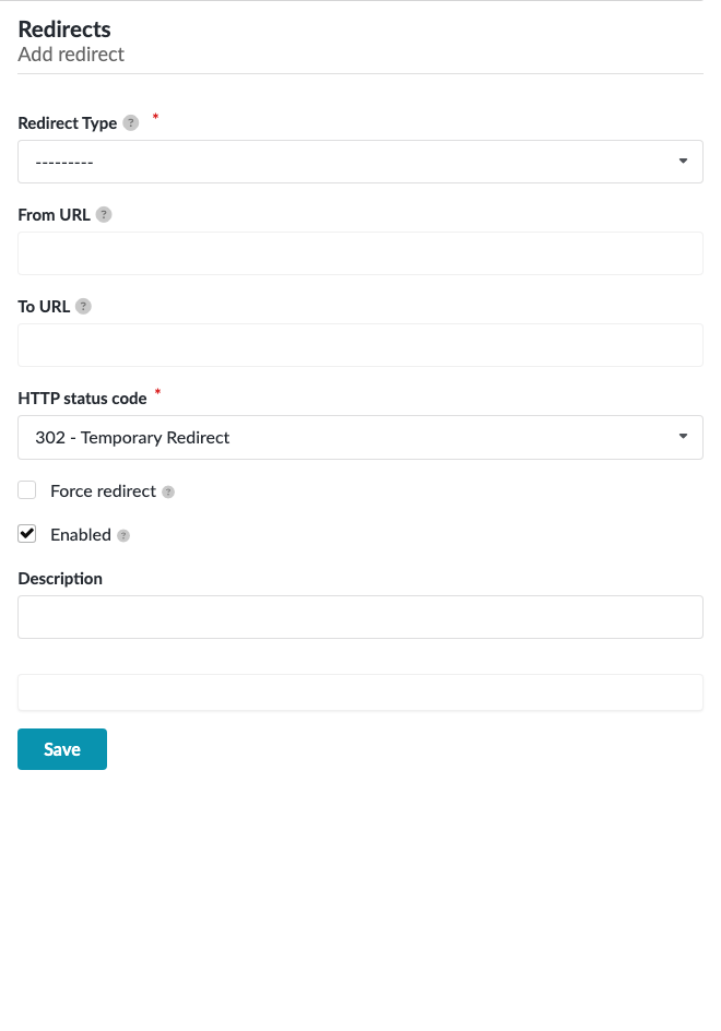 Screenshot of the Redirect "Add Redirect" form